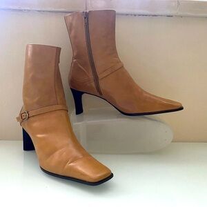 Nine West Tan Leather Heeled Boots Buckle decor Square Toes 71/2M